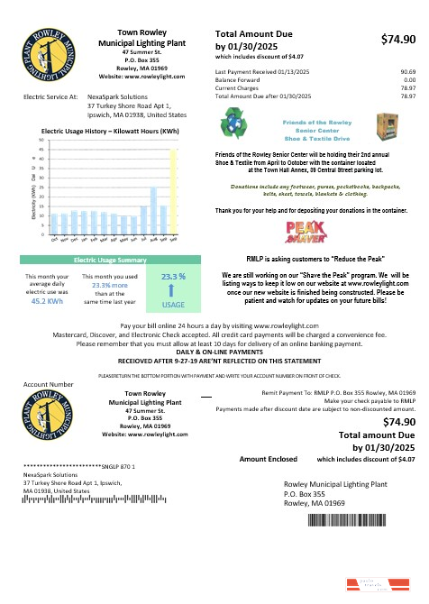 USA Massachusetts Town of Rowley Municipal Lighting Plant electricity business utility bill template in Word and PDF formats